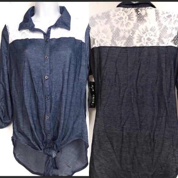 Eye Candy Denim and Lace Front Knot Button Down Size Medium - Picture 1 of 8